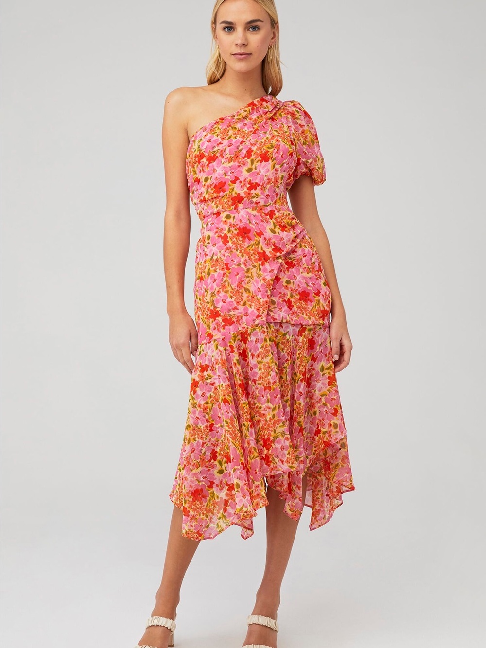 Astr One-Shoulder Floral Midi Dress in Pink and Orange